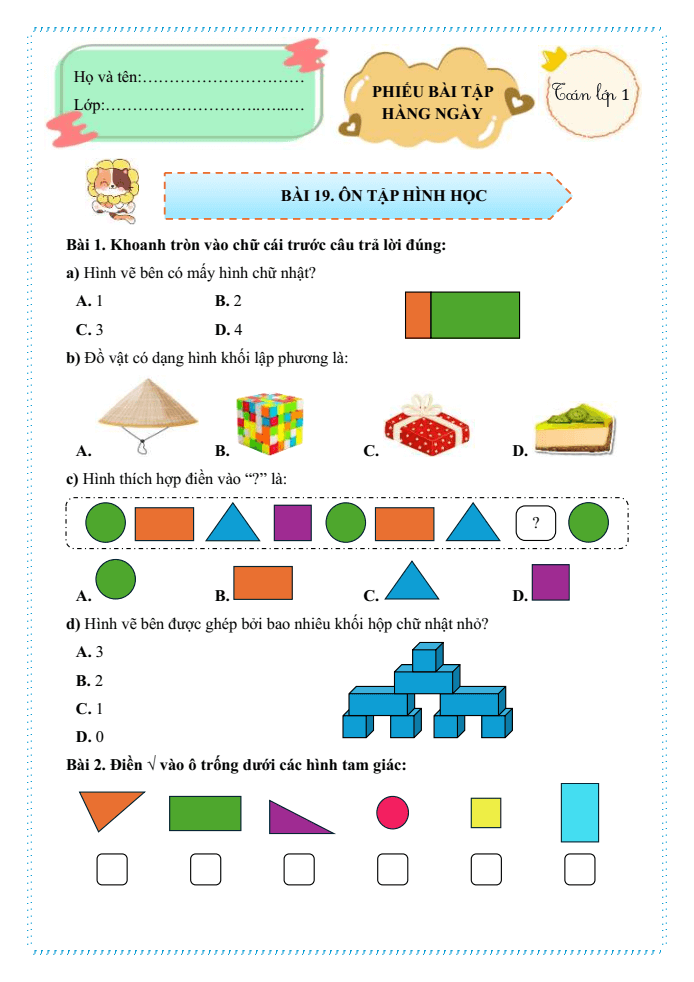Bài tập hàng ngày Toán lớp 1 Bài 19: Ôn tập hình học | Kết nối tri thức