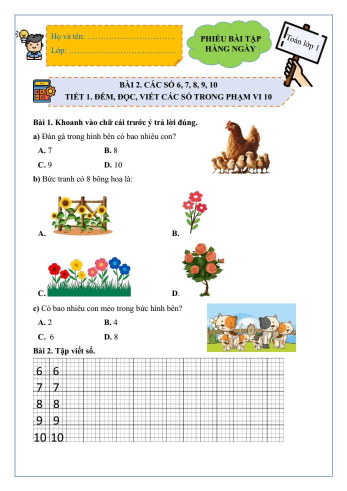 Bài tập hàng ngày Toán lớp 1 Bài 2: Các số 6, 7, 8, 9, 10 | Kết nối tri thức