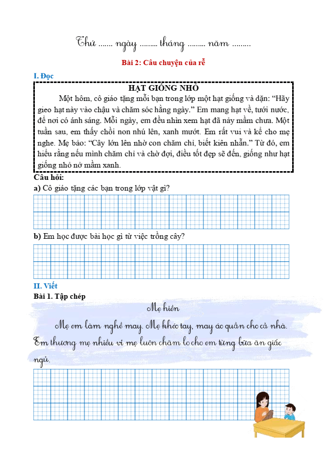 Bài tập hàng ngày Tiếng Việt lớp 1 Bài 2: Câu chuyện của rễ | Kết nối tri thức