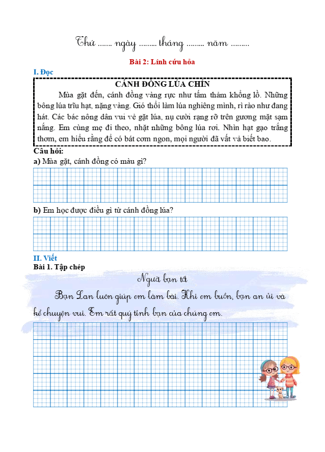 Bài tập hàng ngày Tiếng Việt lớp 1 Bài 2: Lính cứu hỏa | Kết nối tri thức