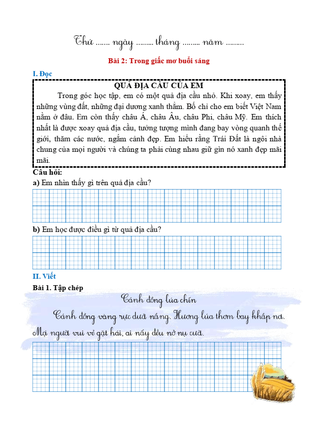 Bài tập hàng ngày Tiếng Việt lớp 1 Bài 2: Trong giấc mơ buổi sáng | Kết nối tri thức