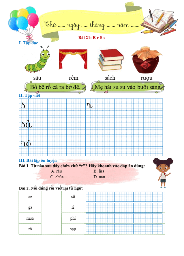 Bài tập hàng ngày Tiếng Việt lớp 1 Bài 21: R, r, S, s | Kết nối tri thức