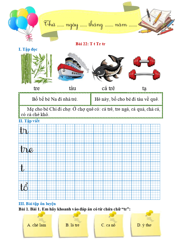 Bài tập hàng ngày Tiếng Việt lớp 1 Bài 22: T, t, Tr, tr | Kết nối tri thức
