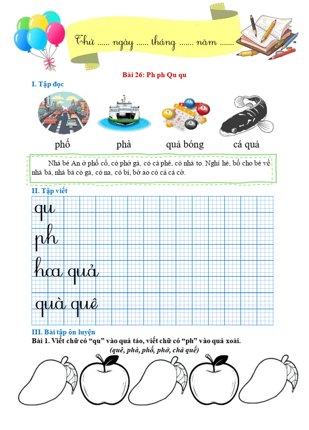 Bài tập hàng ngày Tiếng Việt lớp 1 Bài 26: Ph, ph, Qu, qu | Kết nối tri thức