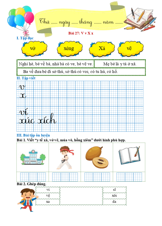 Bài tập hàng ngày Tiếng Việt lớp 1 Bài 27: V, v, X, x | Kết nối tri thức