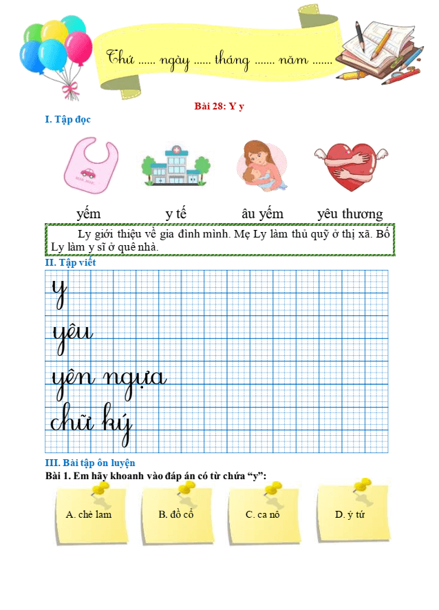 Bài tập hàng ngày Tiếng Việt lớp 1 Bài 28: Y, y | Kết nối tri thức