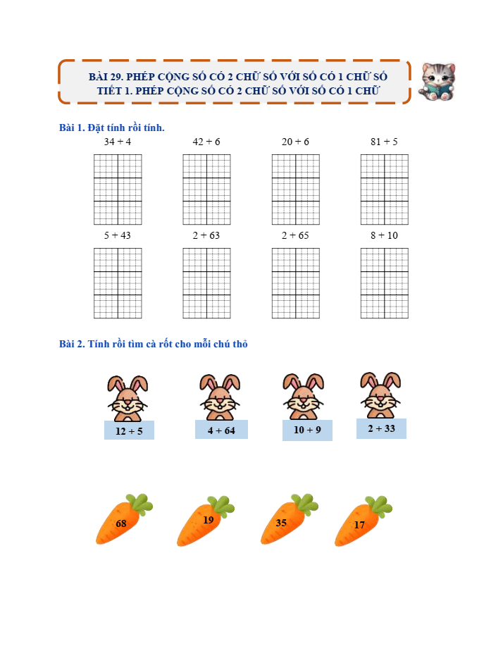 Bài tập hàng ngày Toán lớp 1 Bài 29: Phép cộng số có 2 chữ số với số có 1 chữ số | Kết nối tri thức