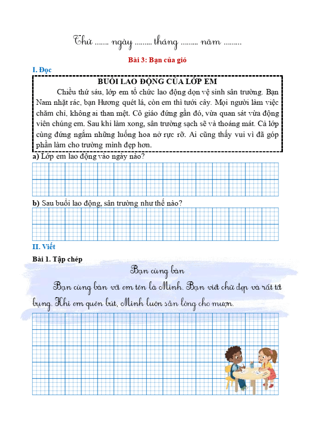 Bài tập hàng ngày Tiếng Việt lớp 1 Bài 3: Bạn của gió | Kết nối tri thức