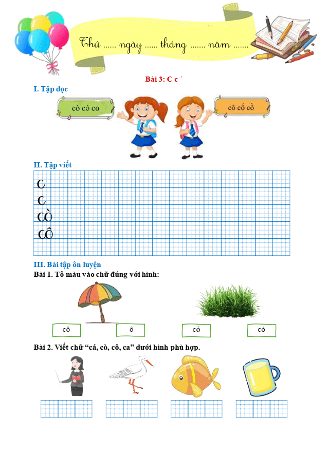 Bài tập hàng ngày Tiếng Việt lớp 1 Bài 3: C, c, dấu sắc | Kết nối tri thức