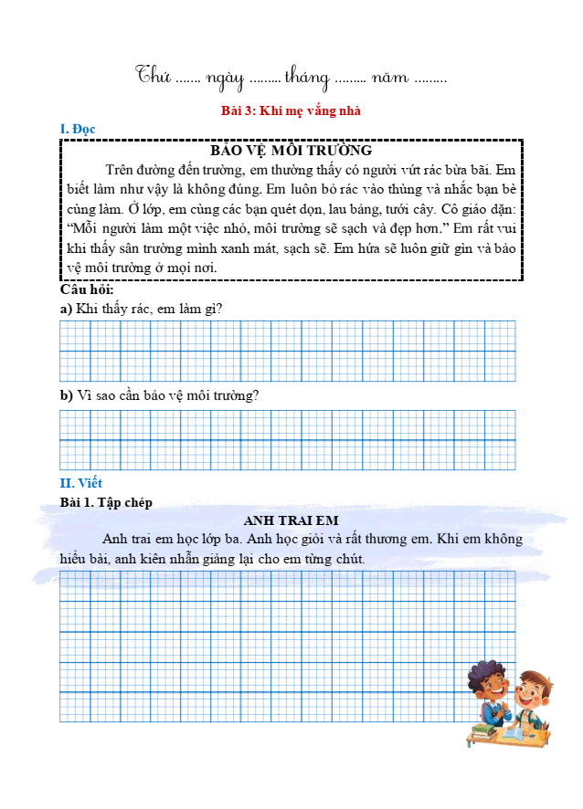 Bài tập hàng ngày Tiếng Việt lớp 1 Bài 3: Khi mẹ vắng nhà | Kết nối tri thức