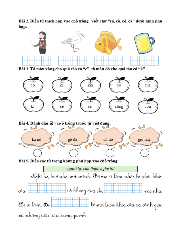 Bài tập hàng ngày Tiếng Việt lớp 1 Bài 3: Khi mẹ vắng nhà | Kết nối tri thức