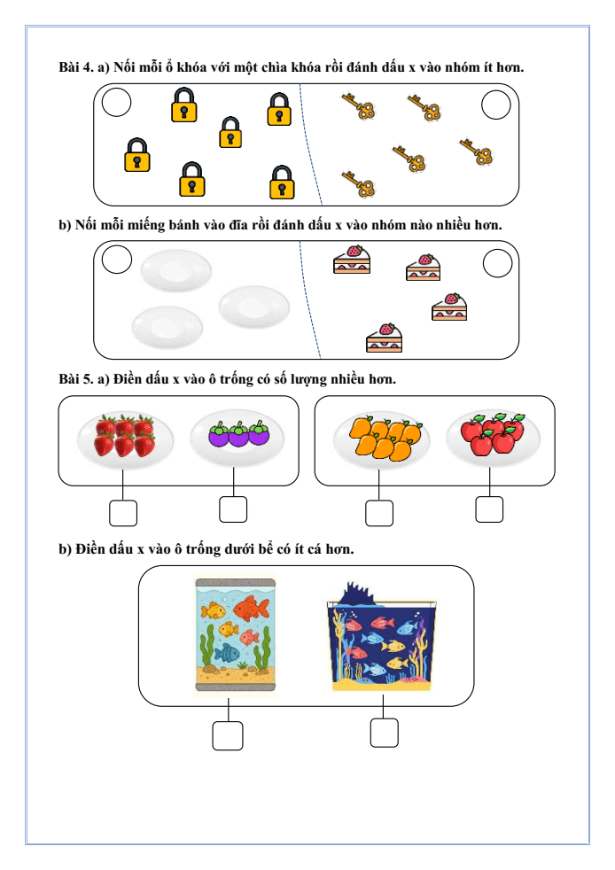 Bài tập hàng ngày Toán lớp 1 Bài 3: Nhiều hơn, ít hơn, bằng nhau | Kết nối tri thức