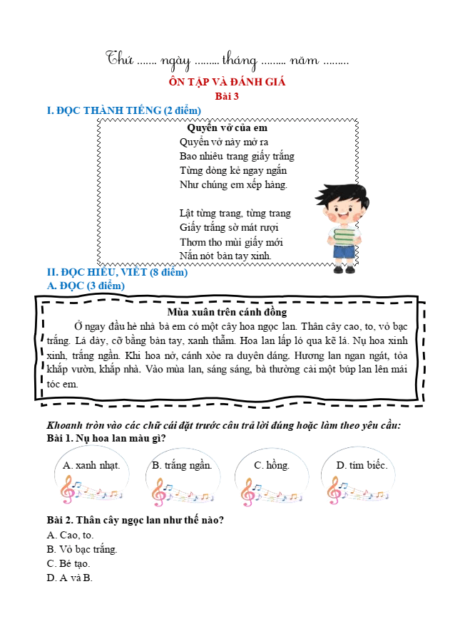 Bài tập hàng ngày Tiếng Việt lớp 1 Bài 3: Ôn tập | Kết nối tri thức