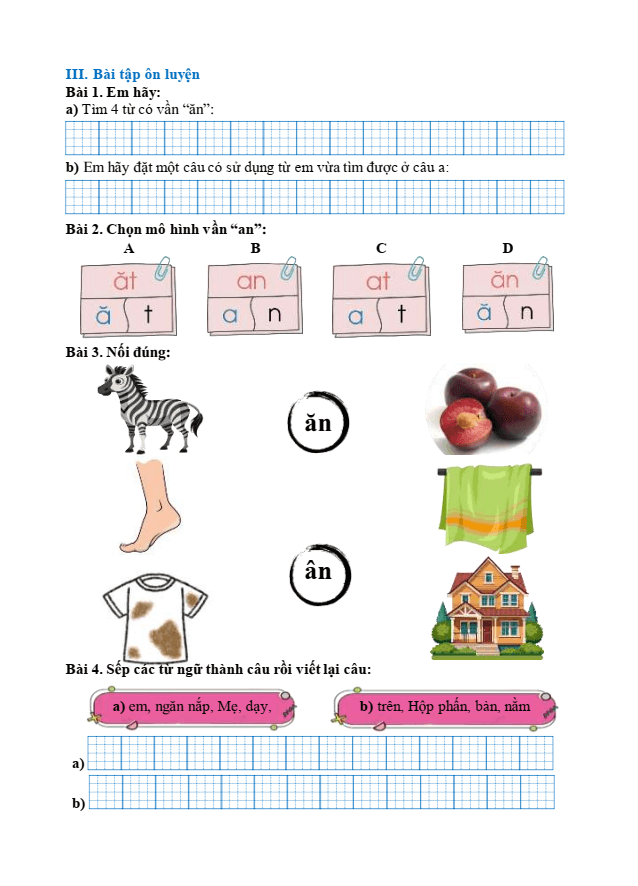 Bài tập hàng ngày Tiếng Việt lớp 1 Bài 31: an, ăn, ân | Kết nối tri thức