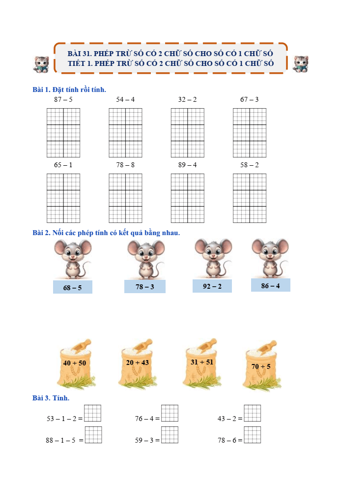 Bài tập hàng ngày Toán lớp 1 Bài 31: Phép trừ số có 2 chữ số cho số có 1 chữ số | Kết nối tri thức