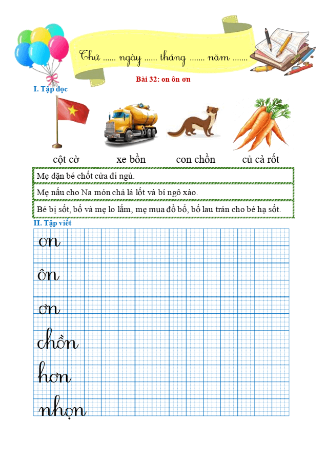 Bài tập hàng ngày Tiếng Việt lớp 1 Bài 32: on, ôn, ơn | Kết nối tri thức