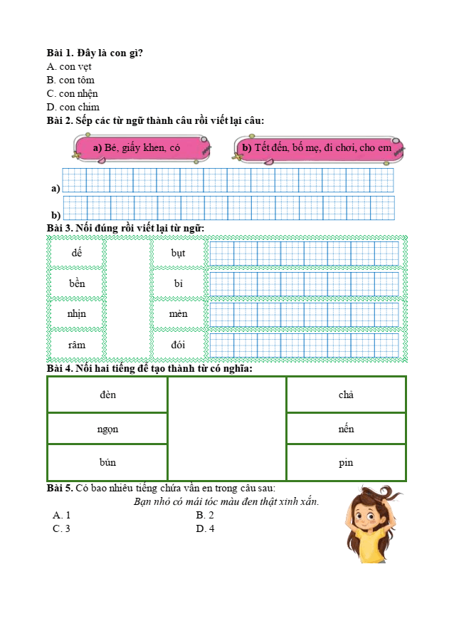 Bài tập hàng ngày Tiếng Việt lớp 1 Bài 33: en, ên, in, un | Kết nối tri thức