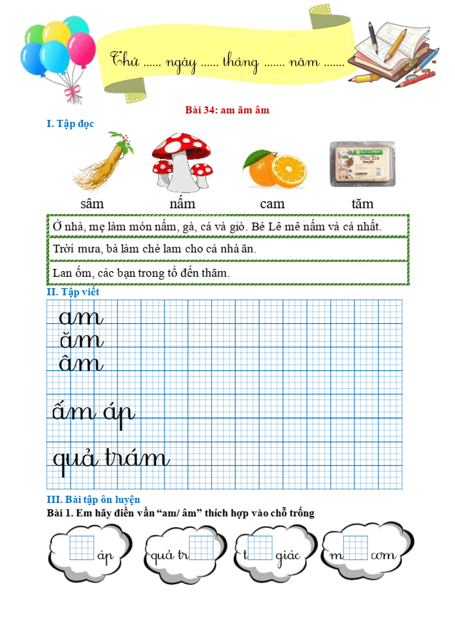 Bài tập hàng ngày Tiếng Việt lớp 1 Bài 34: am, ăm, âm | Kết nối tri thức