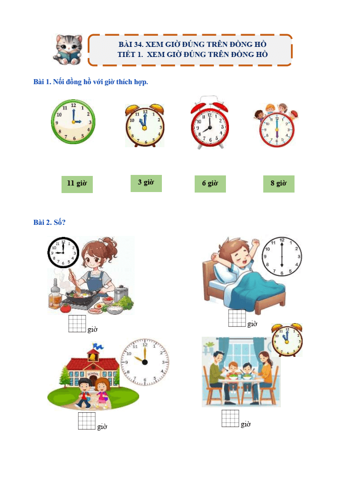 Bài tập hàng ngày Toán lớp 1 Bài 34: Xem giờ đúng trên đồng hồ | Kết nối tri thức