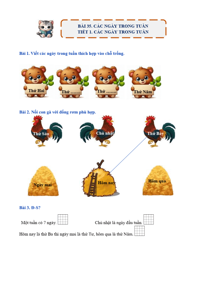 Bài tập hàng ngày Toán lớp 1 Bài 35: Các ngày trong tuần | Kết nối tri thức