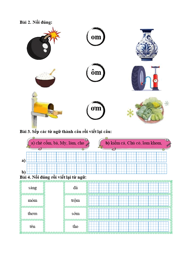 Bài tập hàng ngày Tiếng Việt lớp 1 Bài 36: om, ôm, ơm | Kết nối tri thức