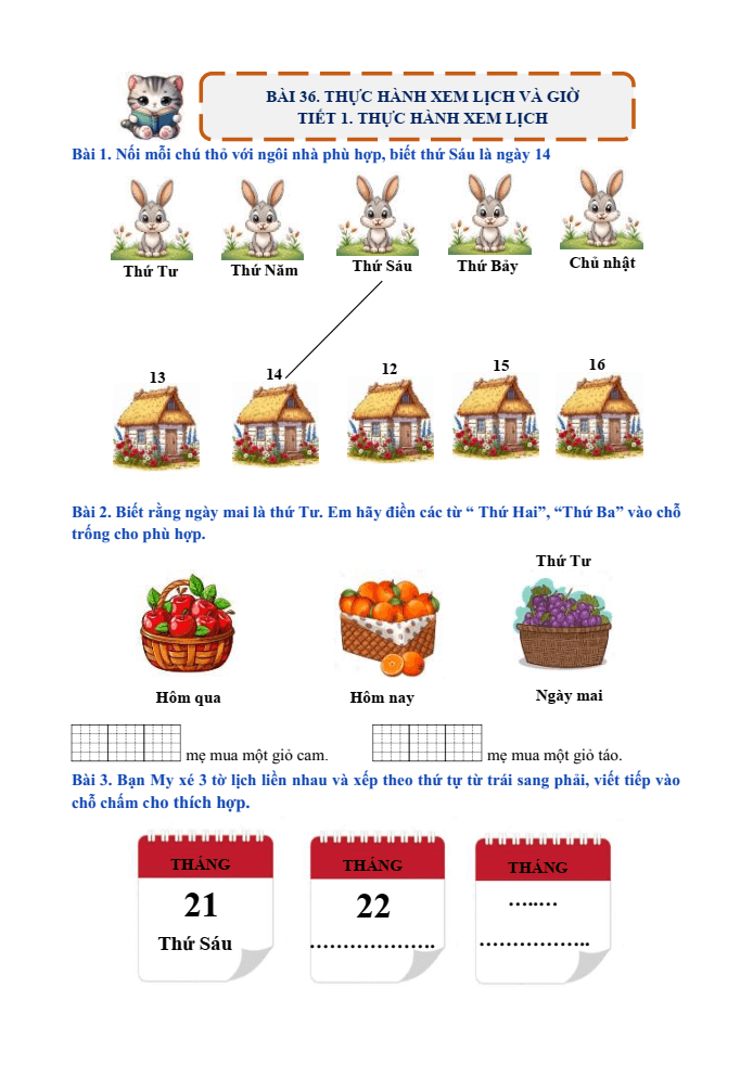 Bài tập hàng ngày Toán lớp 1 Bài 36: Thực hành xem lịch và giờ | Kết nối tri thức
