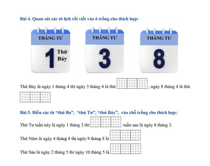 Bài tập hàng ngày Toán lớp 1 Bài 36: Thực hành xem lịch và giờ | Kết nối tri thức