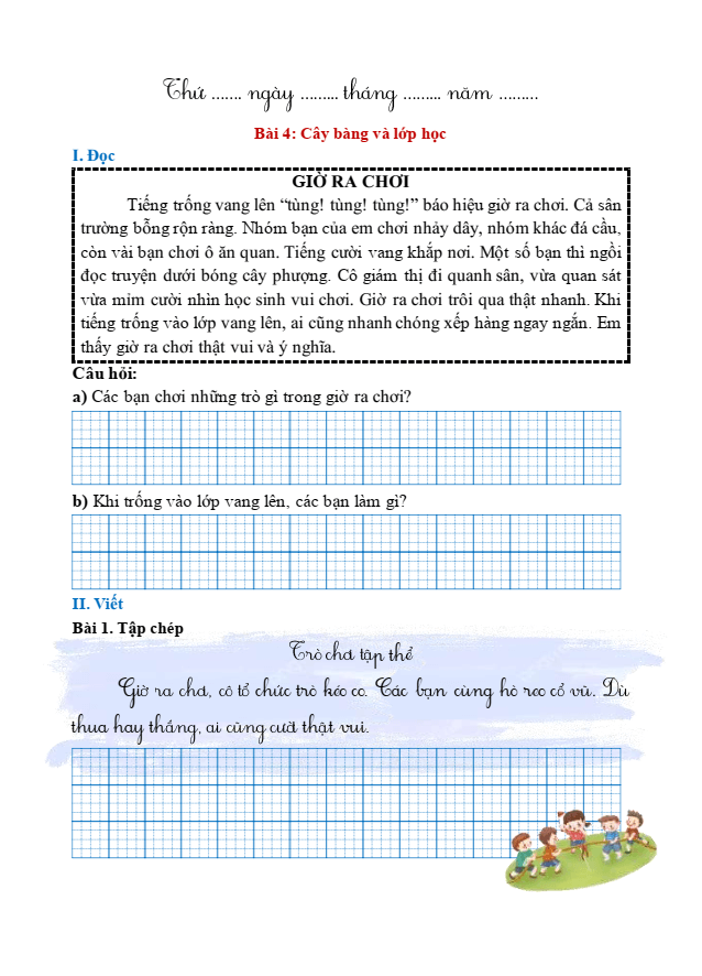 Bài tập hàng ngày Tiếng Việt lớp 1 Bài 4: Cây bàng và lớp học | Kết nối tri thức