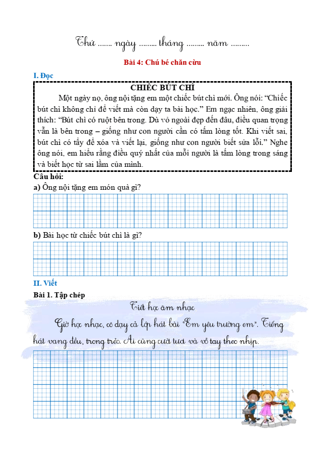 Bài tập hàng ngày Tiếng Việt lớp 1 Bài 4: Chú bé chăn cừu | Kết nối tri thức
