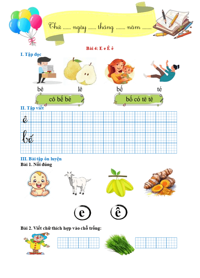 Bài tập hàng ngày Tiếng Việt lớp 1 Bài 4: E, e, Ê, ê | Kết nối tri thức