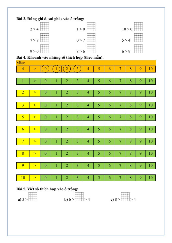 Bài tập hàng ngày Toán lớp 1 Bài 4: So sánh số | Kết nối tri thức