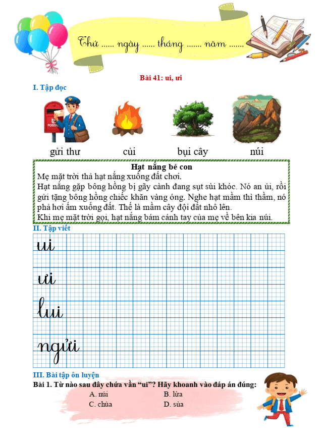 Bài tập hàng ngày Tiếng Việt lớp 1 Bài 41: ui, ưi | Kết nối tri thức