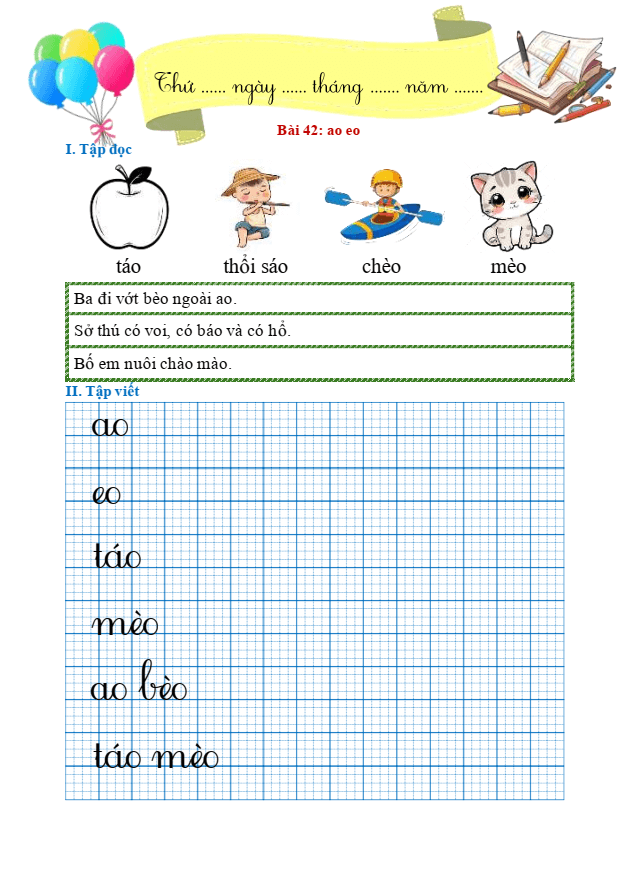 Bài tập hàng ngày Tiếng Việt lớp 1 Bài 42: ao, eo | Kết nối tri thức