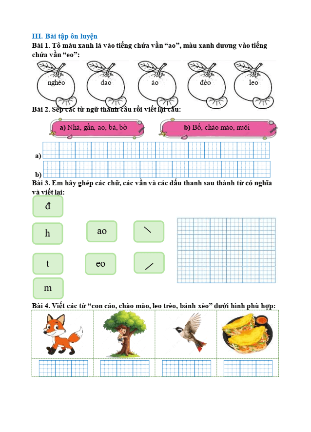 Bài tập hàng ngày Tiếng Việt lớp 1 Bài 42: ao, eo | Kết nối tri thức