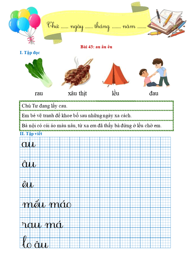 Bài tập hàng ngày Tiếng Việt lớp 1 Bài 43: au, âu, êu | Kết nối tri thức