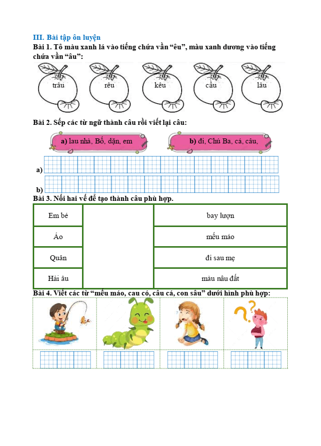 Bài tập hàng ngày Tiếng Việt lớp 1 Bài 43: au, âu, êu | Kết nối tri thức