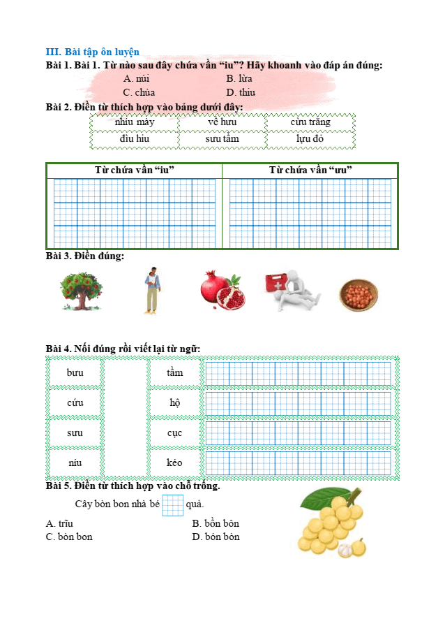 Bài tập hàng ngày Tiếng Việt lớp 1 Bài 44: iu, ưu | Kết nối tri thức