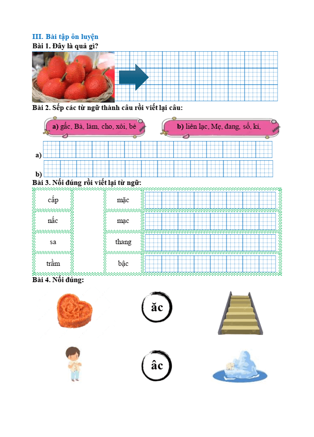 Bài tập hàng ngày Tiếng Việt lớp 1 Bài 46: ac, ăc, âc | Kết nối tri thức