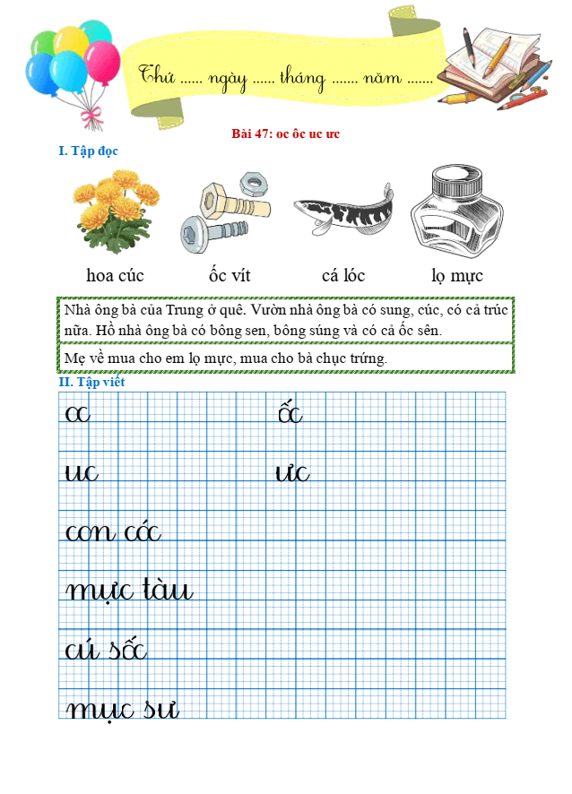 Bài tập hàng ngày Tiếng Việt lớp 1 Bài 47: oc, ôc, uc, ưc | Kết nối tri thức