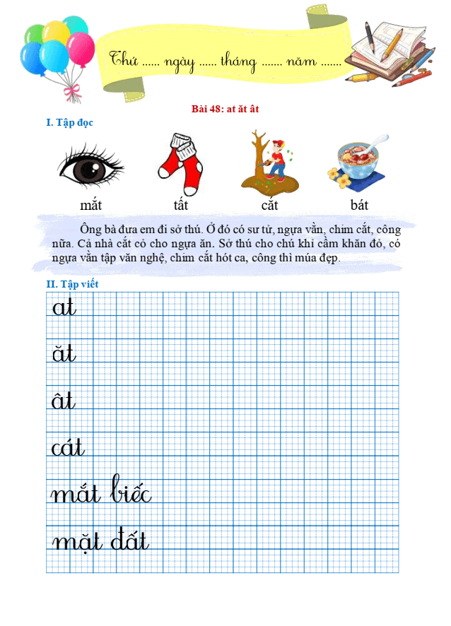 Bài tập hàng ngày Tiếng Việt lớp 1 Bài 48: at, ăt, ât | Kết nối tri thức