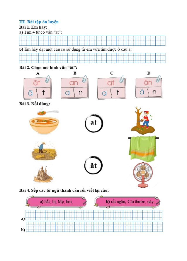 Bài tập hàng ngày Tiếng Việt lớp 1 Bài 48: at, ăt, ât | Kết nối tri thức