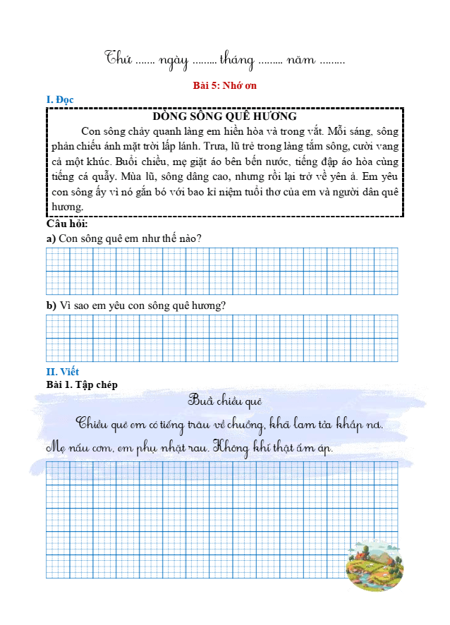 Bài tập hàng ngày Tiếng Việt lớp 1 Bài 5: Nhớ ơn | Kết nối tri thức