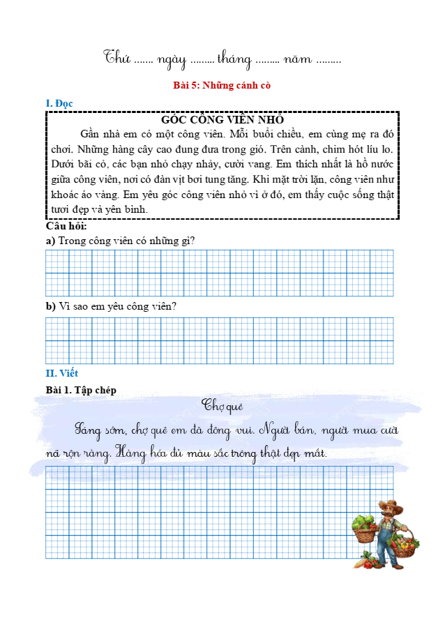 Bài tập hàng ngày Tiếng Việt lớp 1 Bài 5: Những cánh cò | Kết nối tri thức