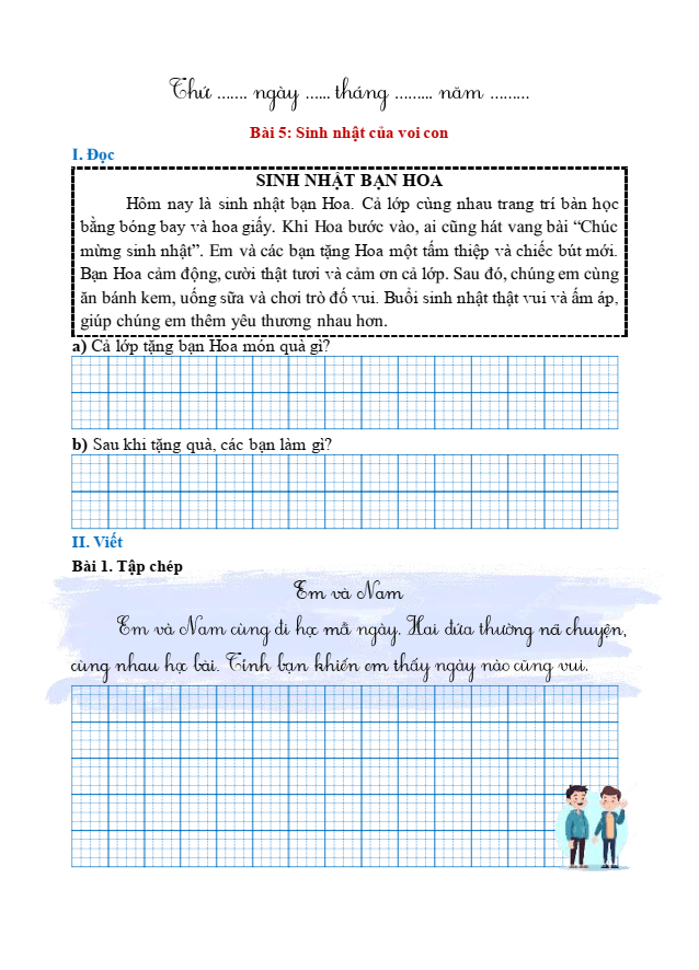 Bài tập hàng ngày Tiếng Việt lớp 1 Bài 5: Sinh nhật của con voi | Kết nối tri thức