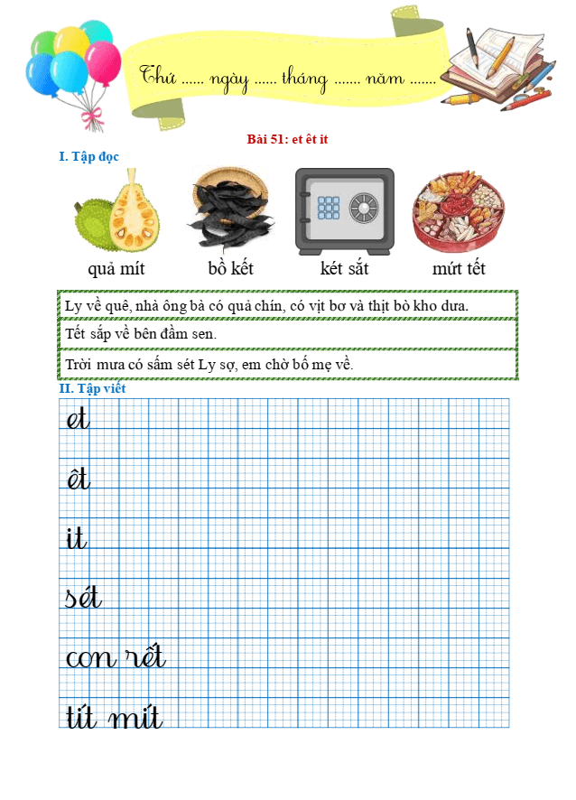 Bài tập hàng ngày Tiếng Việt lớp 1 Bài 51: et, êt, it | Kết nối tri thức