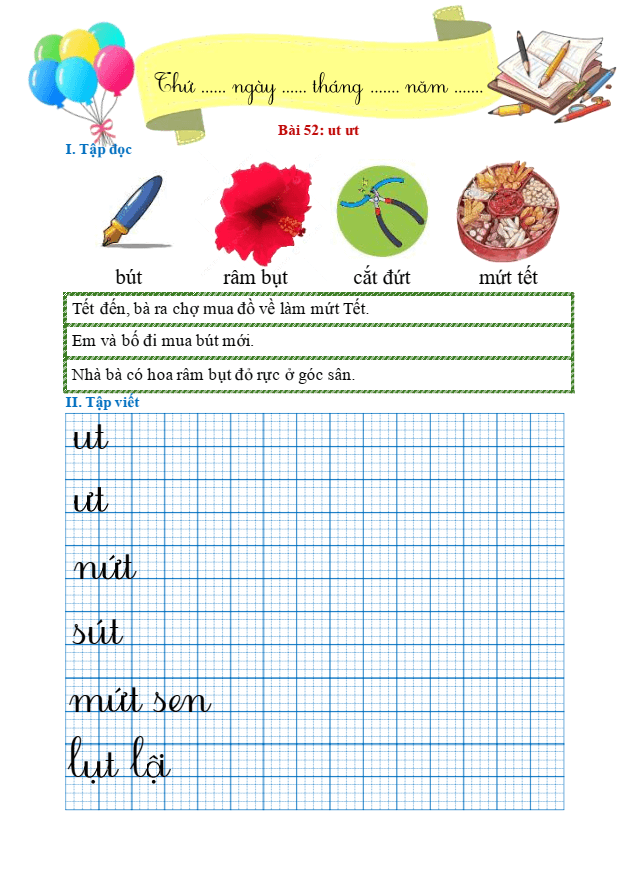 Bài tập hàng ngày Tiếng Việt lớp 1 Bài 52: ut, ưt | Kết nối tri thức