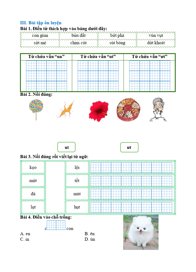 Bài tập hàng ngày Tiếng Việt lớp 1 Bài 52: ut, ưt | Kết nối tri thức