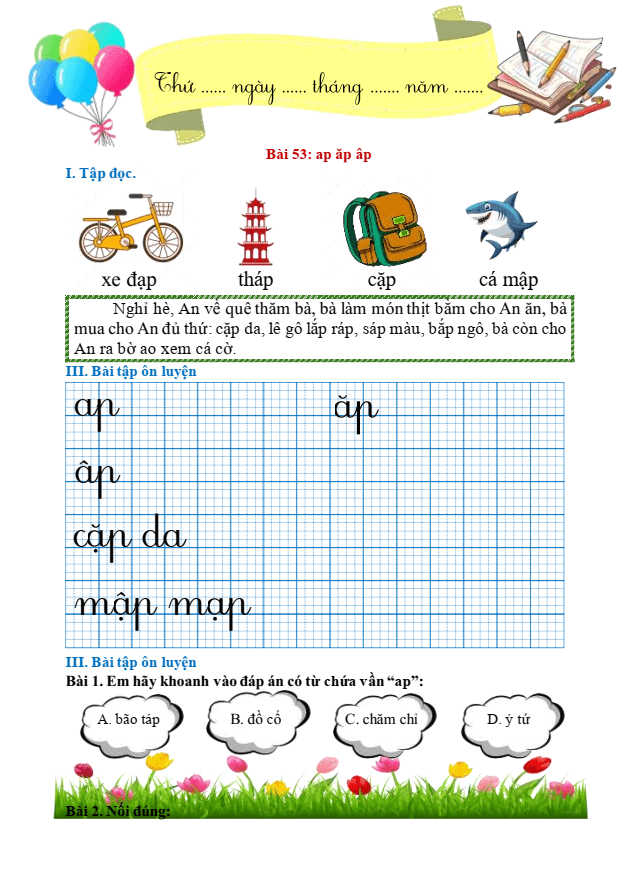 Bài tập hàng ngày Tiếng Việt lớp 1 Bài 53: ap, ăp, âp | Kết nối tri thức