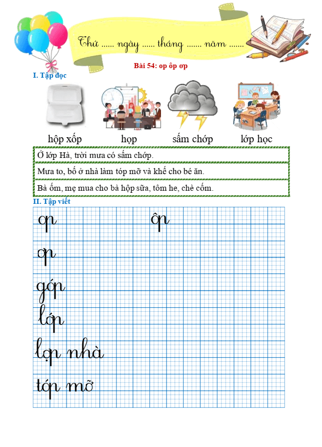 Bài tập hàng ngày Tiếng Việt lớp 1 Bài 54: op, ôp, ơp | Kết nối tri thức