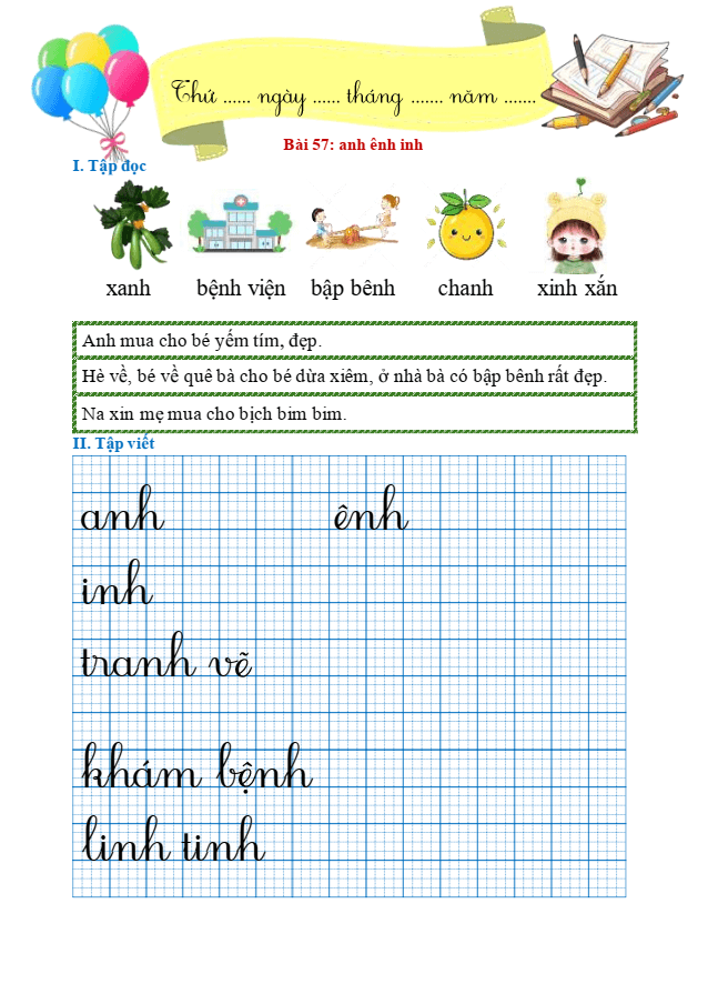 Bài tập hàng ngày Tiếng Việt lớp 1 Bài 57: anh, ênh, inh | Kết nối tri thức